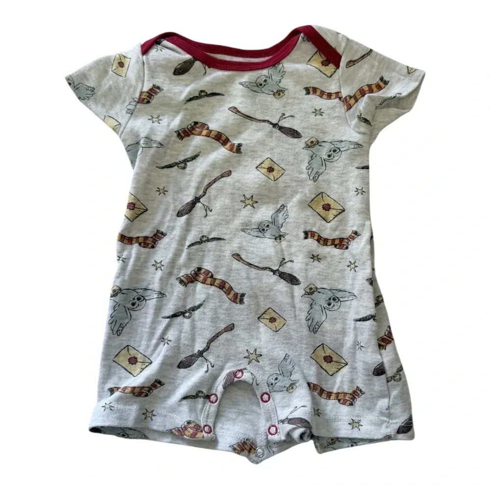 Harry Potter Romper Baby 12M I'm A Keeper Hedwig Grey Red 2pc Set Snaps summer‎